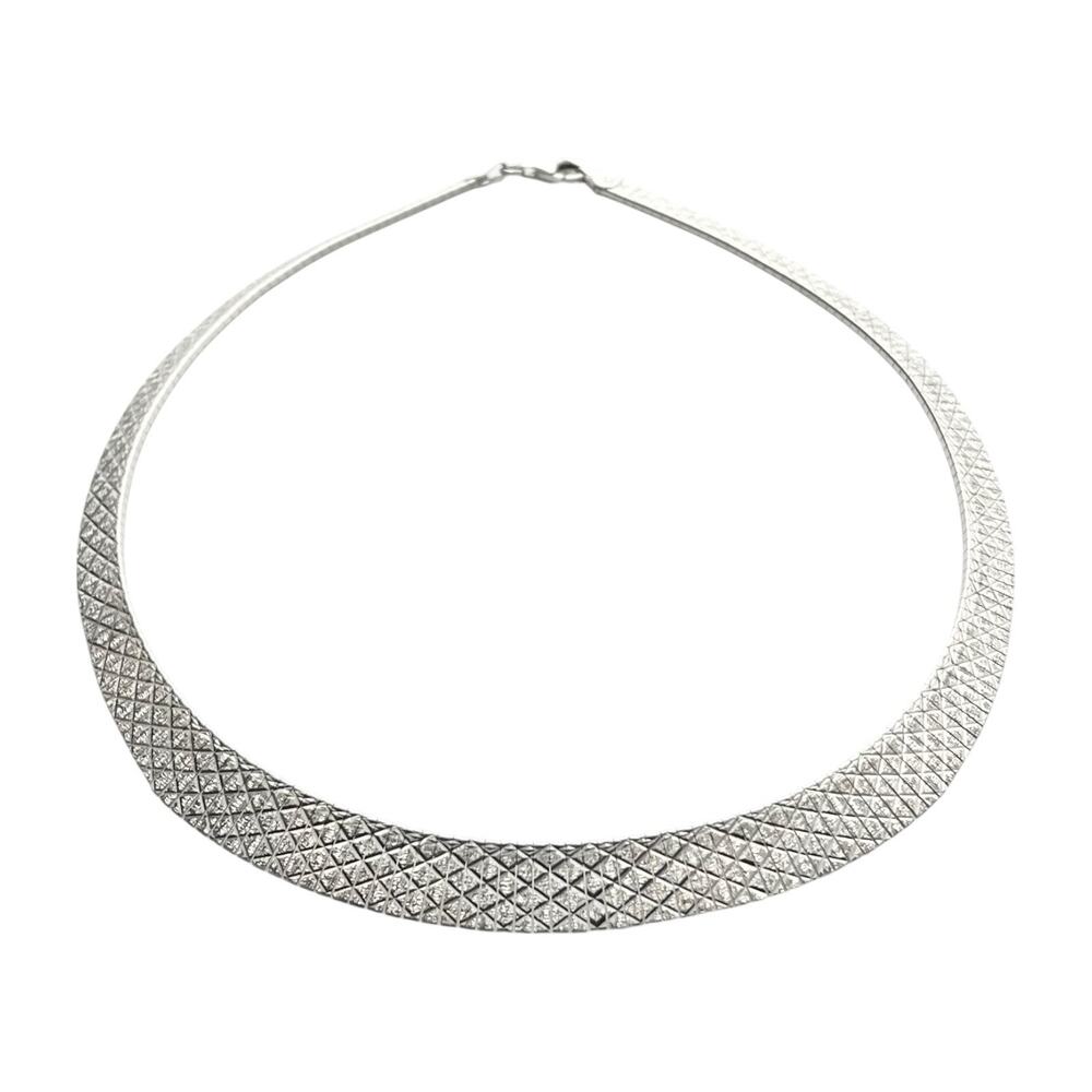 925 Silver Flat Omega-Style Graduated Cross Hatch Grid Choker Necklace 17” Italy
